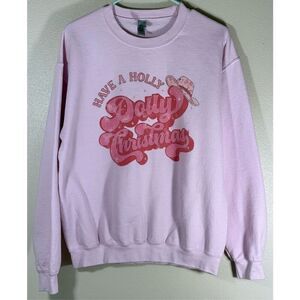 “Have a Holly Dolly Christmas” Light Pink Crewneck Holiday Sweatshirt Medium